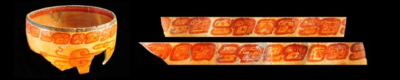fot. Robert Słaboński Zdjęcie przedstawia fragment żółtej ceramicznej misy z pomarańczowo-czerwonym ornamentem wzdłuż brzegu misy. Po prawej stronie zdjęcia zreprodukowano sam ornament z brzegu misy.