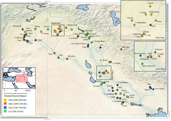 Mapa potwierdzonych miejsc świątynnych na terenach Mezopotamii