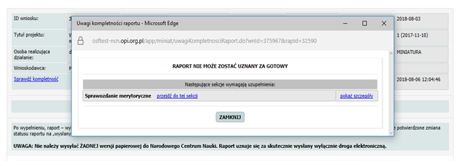 screen z systemu ZSUN/OSF pokazujący przykładowy komunikat o konieczności uzupełnienia sekcji