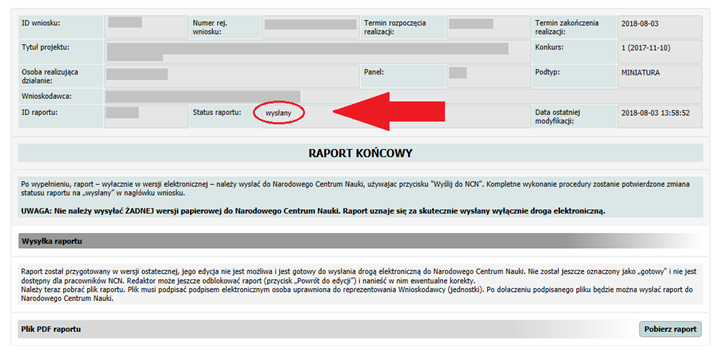 screen z systemu ZSUN/OSF pokazujący miejsce, gdzie wskazany jest status projektu
