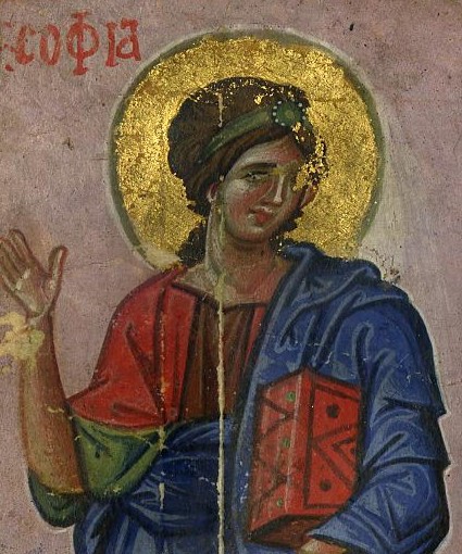 Obraz przedstawiający Sophię jako kobietę trzymającą pod lewym ramieniem grubą księgę i wznoszącą prawe ramię do góry z otwartą dłonią. Wokół głowy Sophii widać złotą aureolę. Sophia ubrana jest w czerwono-niebieskie luźne szaty, a na włosach ma zieloną przepaskę.