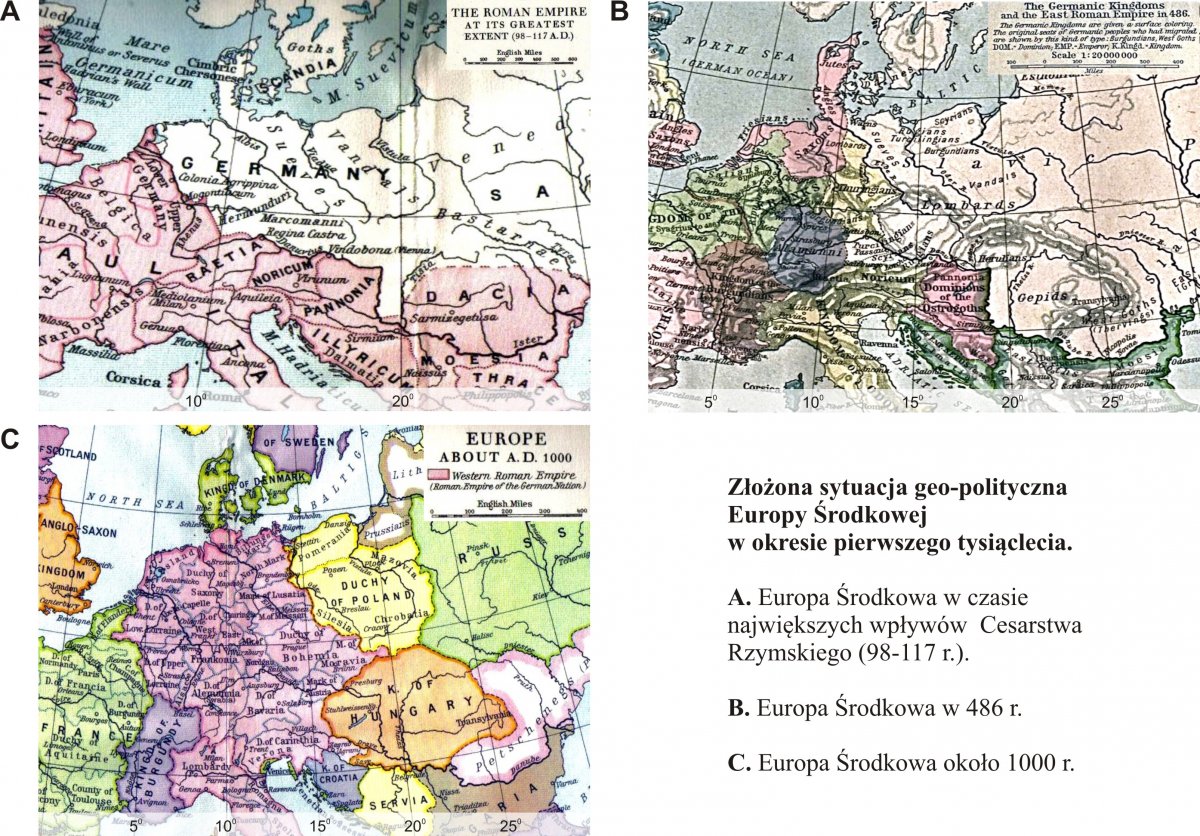 Złożona sytuacja geo-polityczna Europy Środkowej w okresie pierwszego tysiąclecia Mapy obrazujące złożoną sytuację geo-polityczną Europy Środkowej w okresie pierwszego tysiąclecia. W górnym lewym rogu mapa Europy Środkowej w czasie największych wpływów Cesarstwa Rzymskiego (98-117 r.). W górnym prawym rogu mapa Europy Środkowej w 486 r. W dolnym lewym rogu mapa Europy Środkowej około 1000 r.
