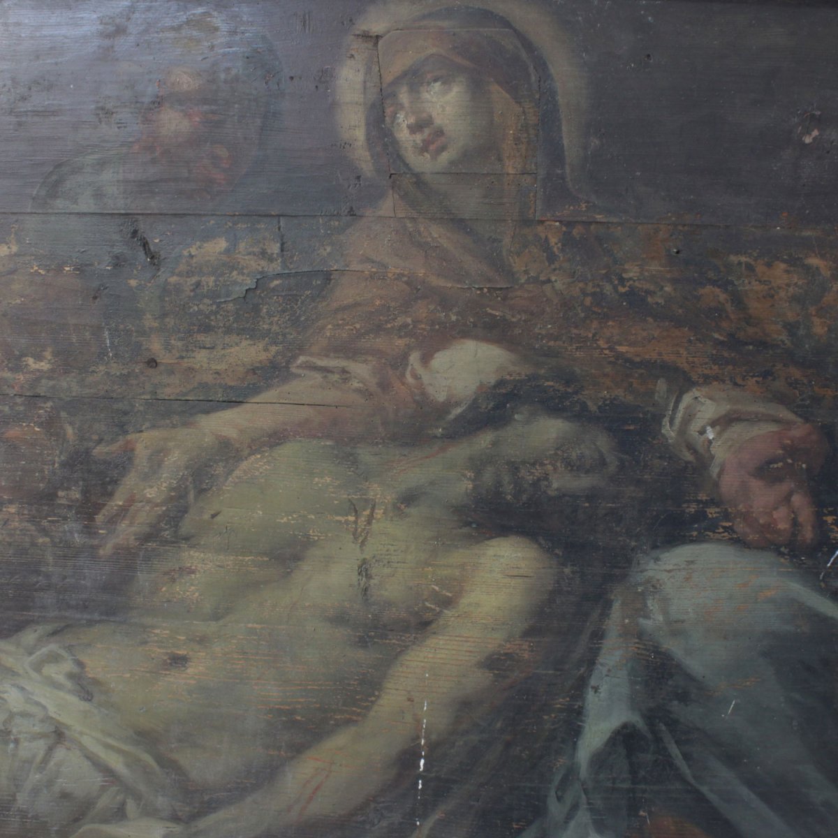 Zdjęcie obrazu J. C. Lischki pt.Opłakiwanie Chrystusa z widocznym łączeniem starej i nowej deski.