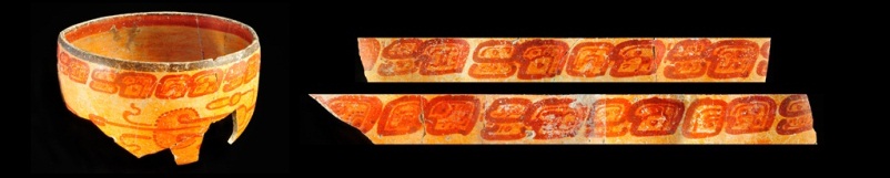 Zdjęcie przedstawia fragment żółtej ceramicznej misy z pomarańczowo-czerwonym ornamentem wzdłuż brzegu misy. Po prawej stronie zdjęcia zreprodukowano sam ornament z brzegu misy.