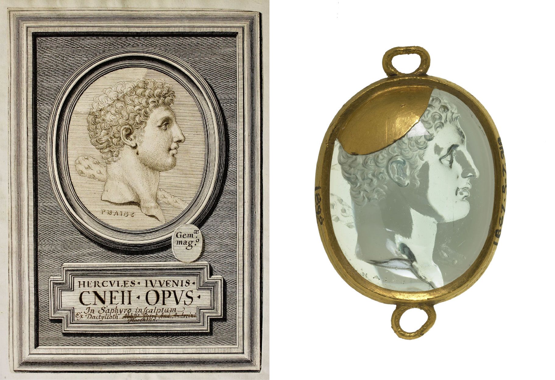 On the left: Girolamo Odam, Intaglio with the head of Heracles and a club, signed GNAIOC, The Princes Czartoryski Museum, inv. no.: MNK XV Rr. 3521, ok. 1715-1718, 268x187mm, © P. Gołyźniak. On the right: Intaglio with the head of Heracles and a club, signed GNAIOC, London, The British Museum, blue beryl (aquamarine) intaglio, 24x20mm, third quarter of the 1st century BC, ©The Trustees of the British Museum, CC BY-NC-SA 4.0.