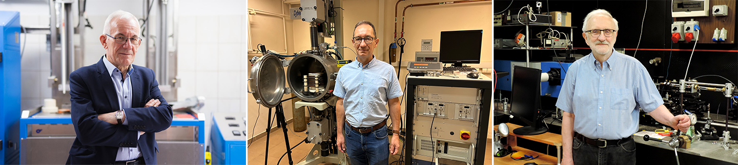 Prof. Y. Zorenko, prof. P. Bilski i prof. A. Suchocki w laboratoriach technologicznych i badawczych, od lewej: Katedry Materiałów Optoelektronicznych UKW w Bydgoszczy, Instytutu Fizyki Jądrowej PAN w Krakowie oraz Instytutu Fizyki PAN w Warszawie.
